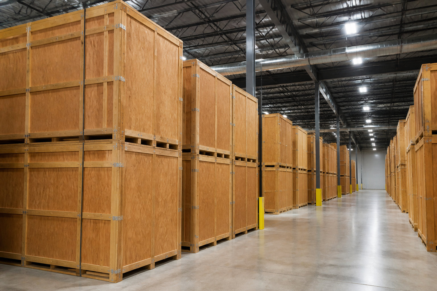 Conteneurs de déménagement en bois rangés dans un entrepôt