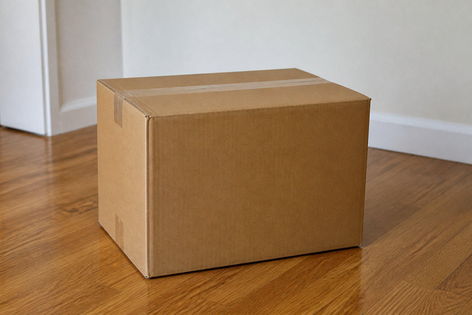 Carton de déménagement fermé posé sur un parquet